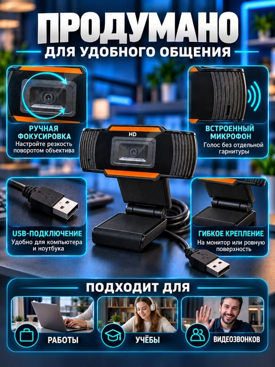 Веб-камера HD с микрофоном, USB-подключением и ручной фокусировкой