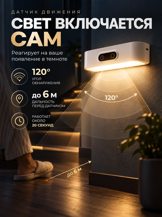 Harakat datchikli mini LED tungi chiroq 5 xil yorug‘lik va yorqinlik sozlamasi