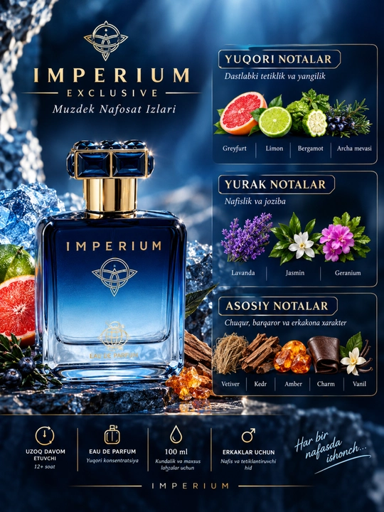 Imperium Exclusive — erkaklar uchun Eau de Parfum, nafis va tetiklantiruvchi hid, 100 ml