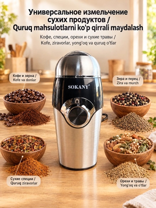 Elektr qahva maydalagich SOKANY SK-3024, 150 Vt, ziravorlar va kofe loviya maydalagich