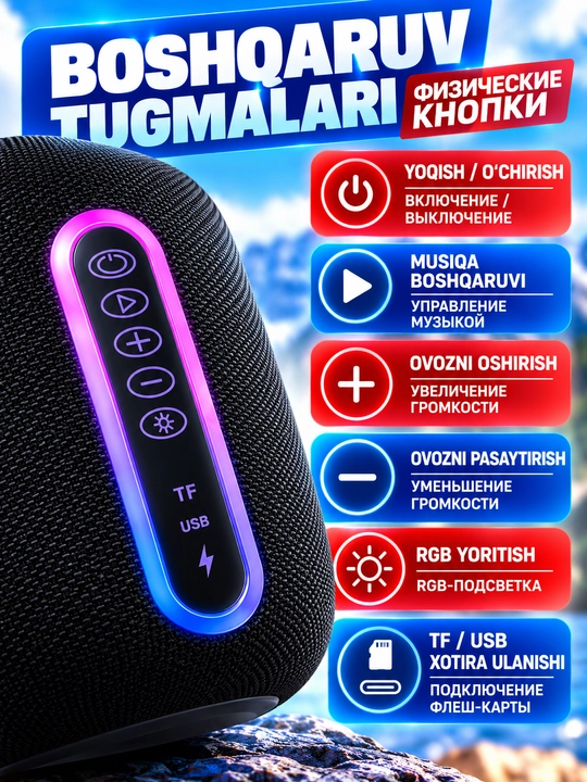Bluetooth 5.4 simsiz portativ kolonka, 5 Vt, RGB yoritish, IPX5, TF va USB