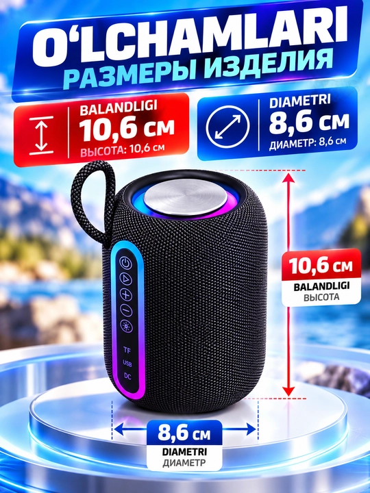 Bluetooth 5.4 simsiz portativ kolonka, 5 Vt, RGB yoritish, IPX5, TF va USB