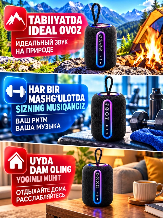 Bluetooth 5.4 simsiz portativ kolonka, 5 Vt, RGB yoritish, IPX5, TF va USB
