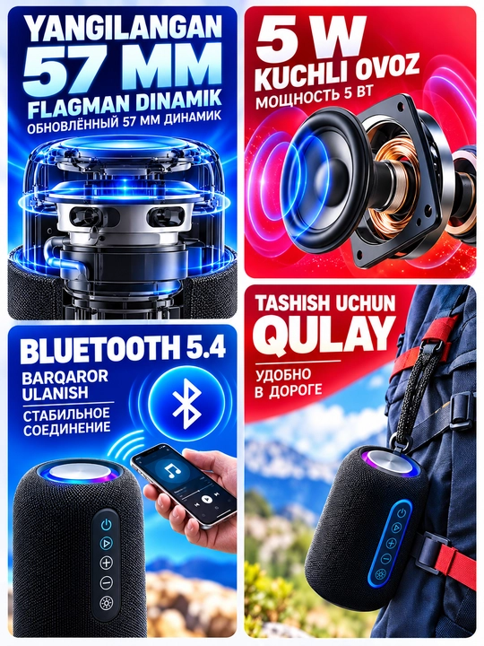 Bluetooth 5.4 simsiz portativ kolonka, 5 Vt, RGB yoritish, IPX5, TF va USB