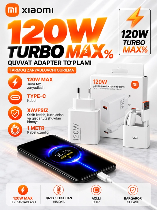 Зарядное устройство Xiaomi Turbo Max% 33W/45W/67W/90W/120W, USB-A, с кабелем USB Type-C - 