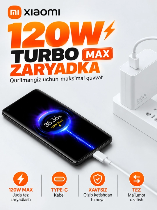Xiaomi Turbo Max% zaryadlovchi adapter 33W/45W/67W/90W/120W, USB-A, Type-C kabel bilan