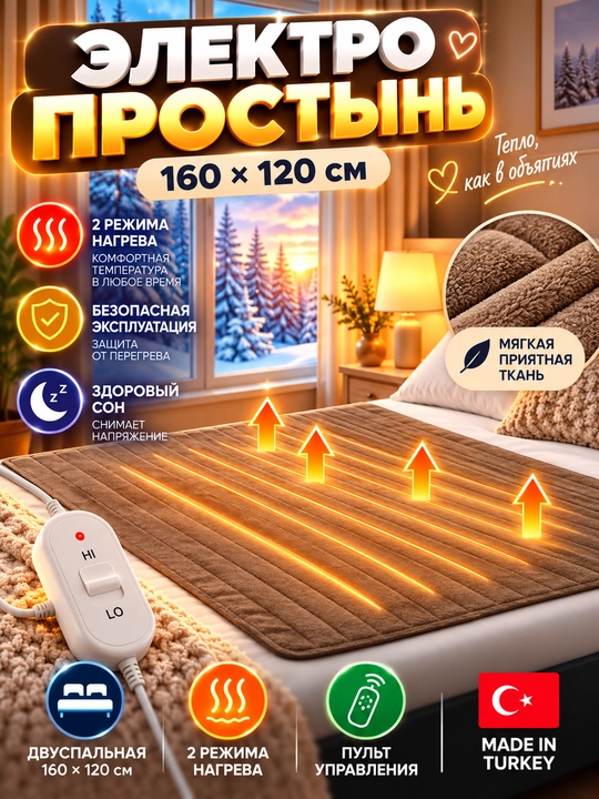 Elektr choyshab, infriqizil isitgichli ikki kishilik yotoqxona uchun, 160*120 sm, Turkiya - 
