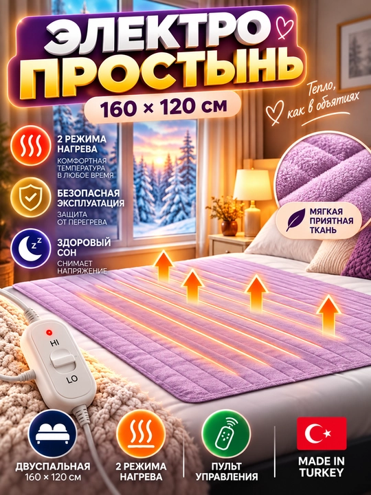 Elektr choyshab, infriqizil isitgichli ikki kishilik yotoqxona uchun, 160*120 sm, Turkiya - 