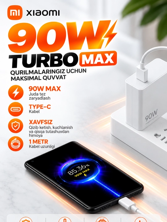 Xiaomi Turbo Max% zaryadlovchi adapter 33W/45W/67W/90W/120W, USB-A, Type-C kabel bilan