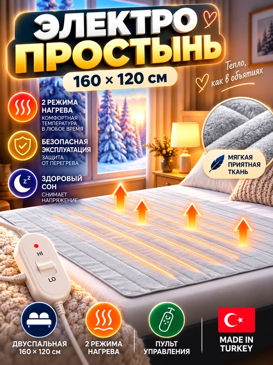 Elektr choyshab, infriqizil isitgichli ikki kishilik yotoqxona uchun, 160*120 sm, Turkiya - 