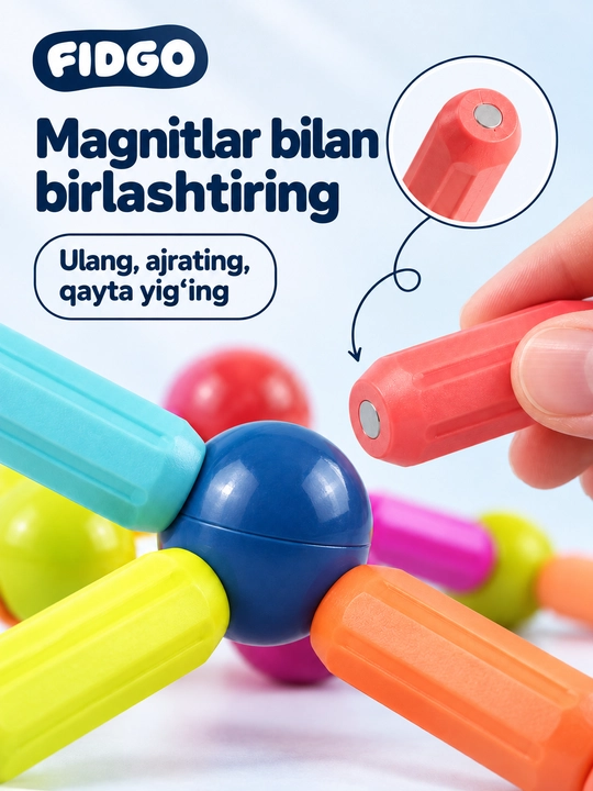 FIDGO magnitli konstruktor, rangli tayoqchalar va sharchalar