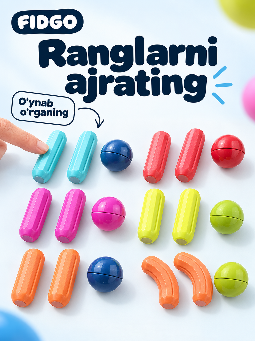 FIDGO magnitli konstruktor, rangli tayoqchalar va sharchalar