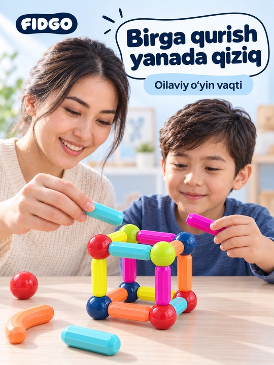 FIDGO magnitli konstruktor, rangli tayoqchalar va sharchalar