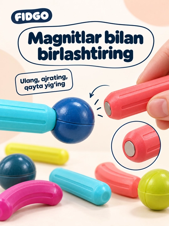 FIDGO magnitli konstruktor, rangli tayoqchalar va sharchalar