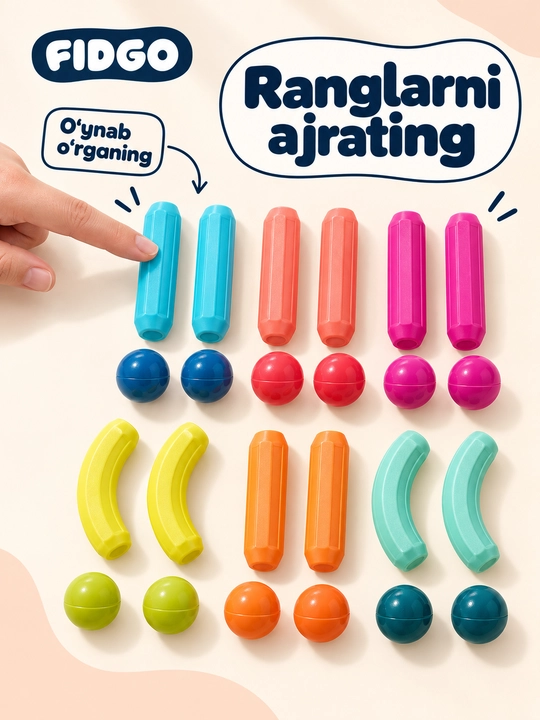 FIDGO magnitli konstruktor, rangli tayoqchalar va sharchalar