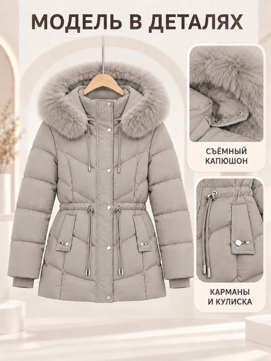 Ayollar uchun kapyushoni, yengi va mo‘ynasi olinadigan issiq kurtka-jilet, M–3XL