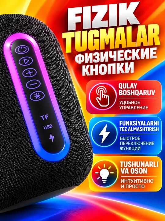 Bluetooth 5.4 simsiz portativ kolonka, RGB yoritish, USB va TF karta
