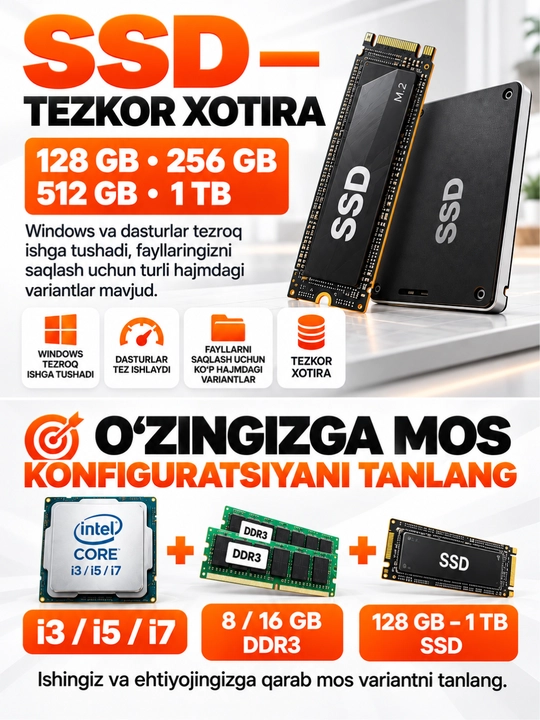 Monoblok 27 dyum H61,CPU i7/i5/i3, DDR3 8GB/16GB tezkor xotira SSD128/256/512/1024GB bonus