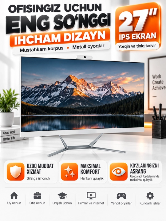 Monoblok 27 dyum H61,CPU i7/i5/i3, DDR3 8GB/16GB tezkor xotira SSD128/256/512/1024GB bonus