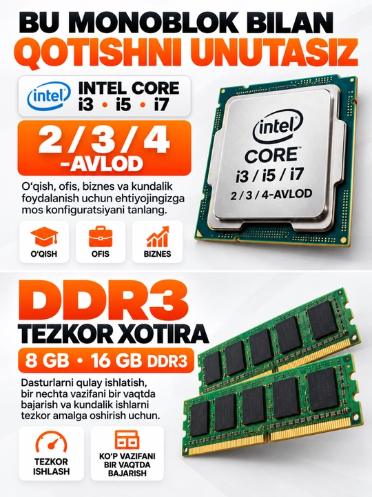 Monoblok 27 dyum H61,CPU i7/i5/i3, DDR3 8GB/16GB tezkor xotira SSD128/256/512/1024GB bonus