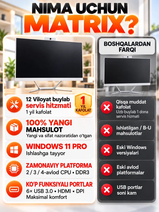 Monoblok 27 dyum H61,CPU i7/i5/i3, DDR3 8GB/16GB tezkor xotira SSD128/256/512/1024GB bonus