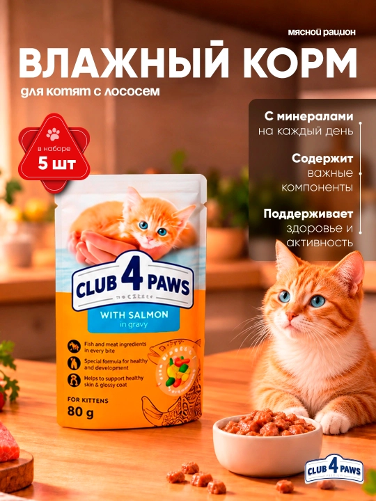 Club 4 Paws влажный корм для котят с лососем 80 гр  5 шт - 