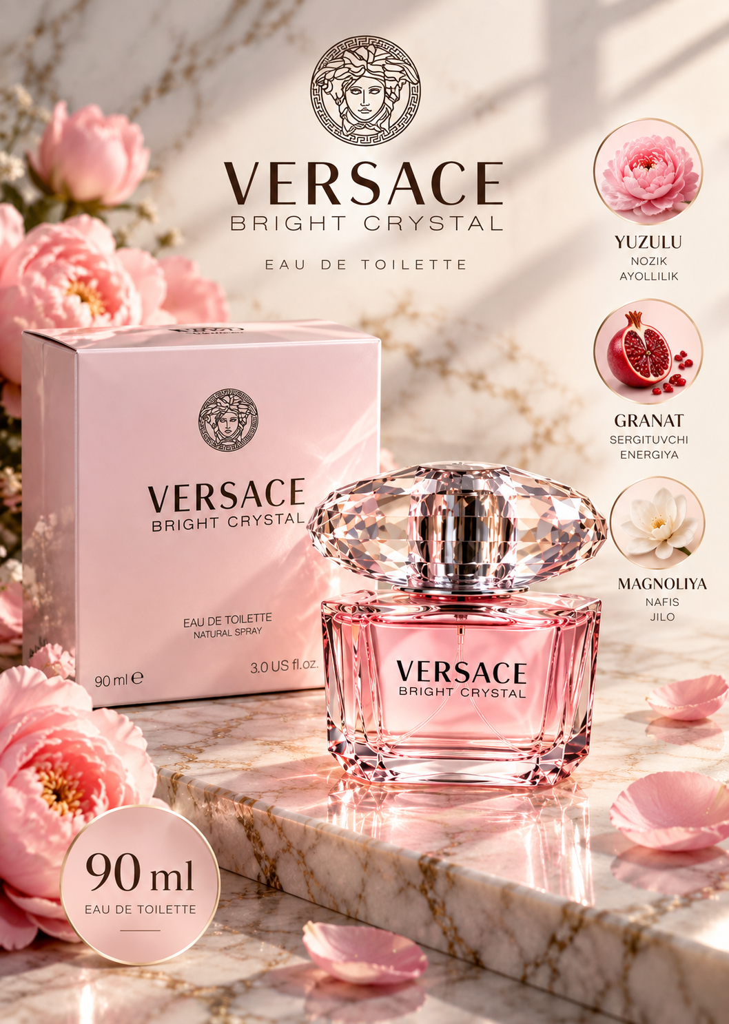 Ayollar uchun Versace Bright Crystal atiri, Xushbo'ylangan suv, 90 ml - 