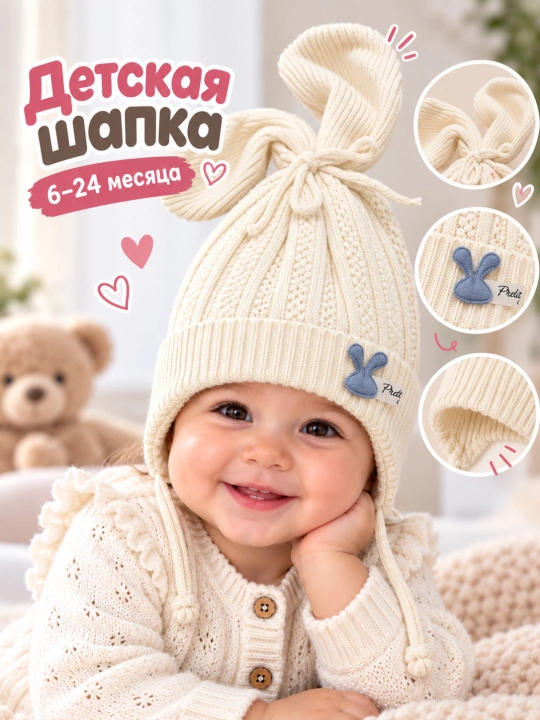 Shapka o`g`il va qiz bolalar uchun yumshoq va issiq 6 oydan 24 oylikgacha mos keladi