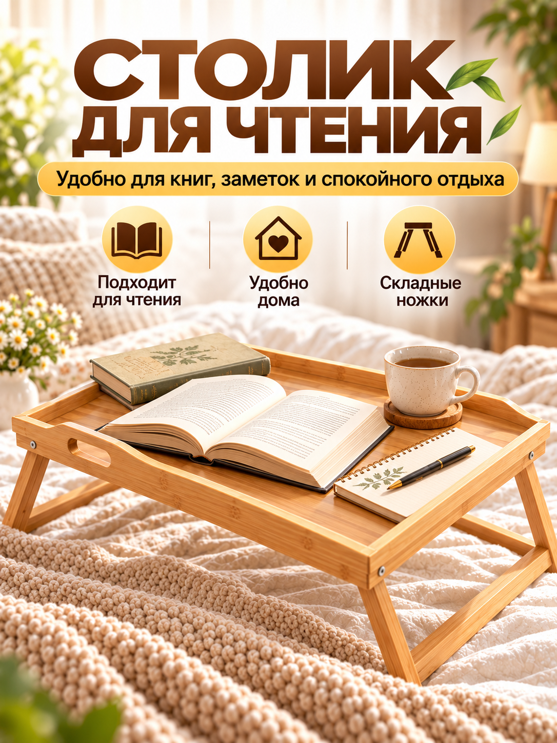 Столик для ноутбука складной 50×30 см, бамбуковый поднос для кровати
