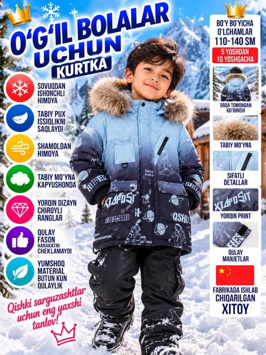 O'g'il bolalar uchun izolyatsiya qilingan kurtka, tabiiy mo'yna, pux - 