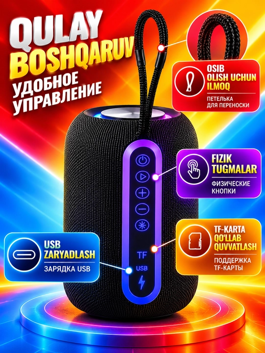 Bluetooth 5.4 simsiz kolonkasi RGB yoritish IPX5 TF USB AUX TWS