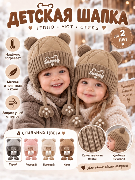 Bolalar uchun quloqli issiq shapka, o‘g‘il va qiz bolalar uchun, 2 yoshgacha - 