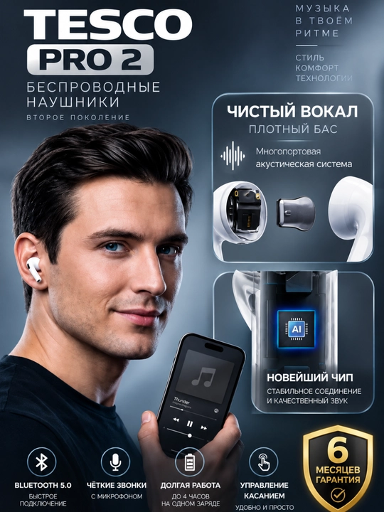 TESCO PRO 2 Премиальные беспроводные Bluetooth-наушники, чистый звук, сенсорное управление