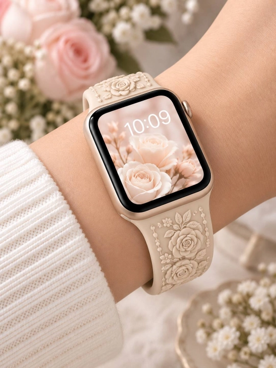 Ремешок для Apple Watch бежевый силиконовый с цветочным узором38/40/41/42и42/44/45/46/49мм - 