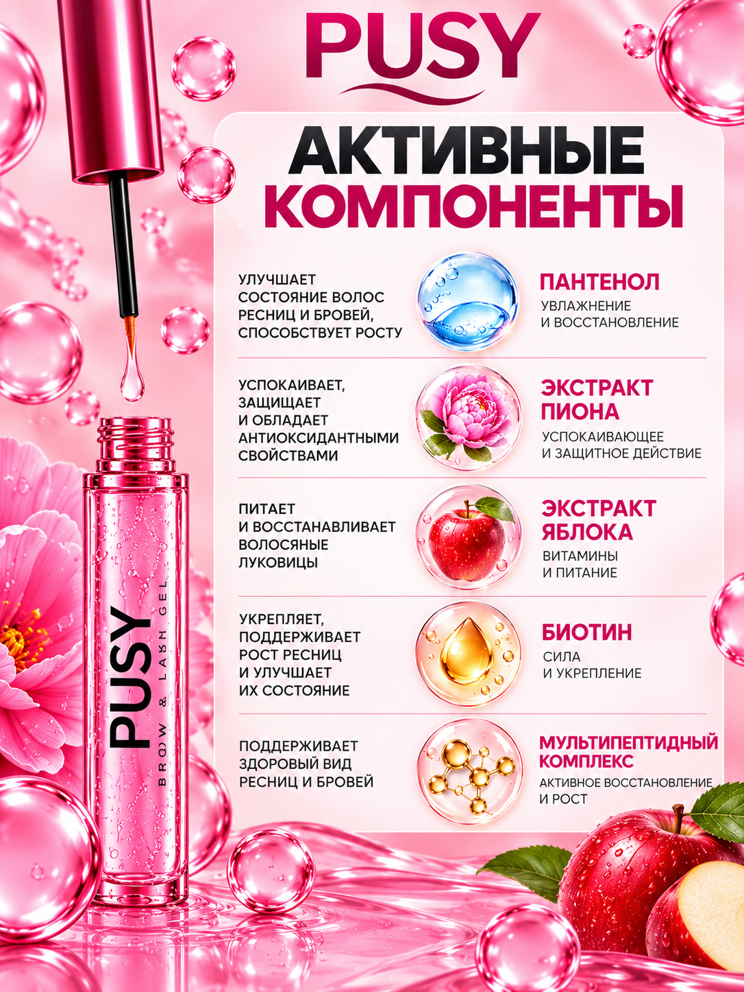 Гель для роста объёма бровей и длины ресниц PUSY, ухаживающая сыворотка, 6 мл