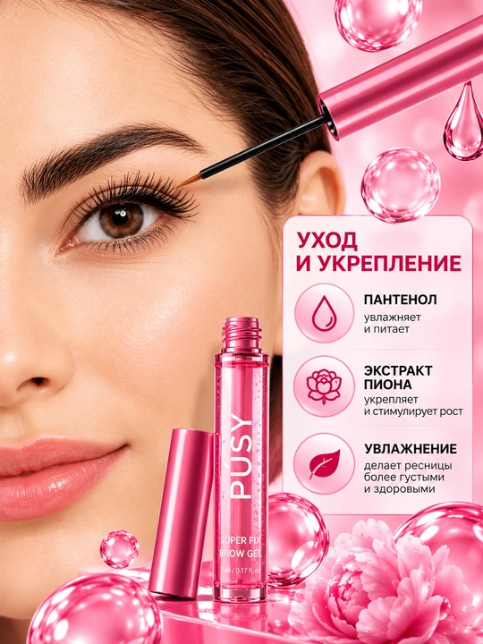Гель для роста объёма бровей и длины ресниц PUSY, ухаживающая сыворотка, 6 мл