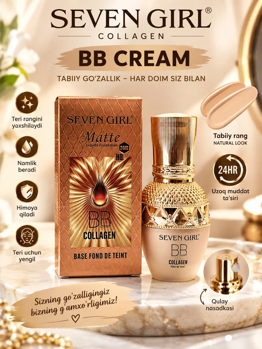 SEVEN GIRL Collagen BB yuz kremi, tusli asos, Matte, tabiiy qoplama - 