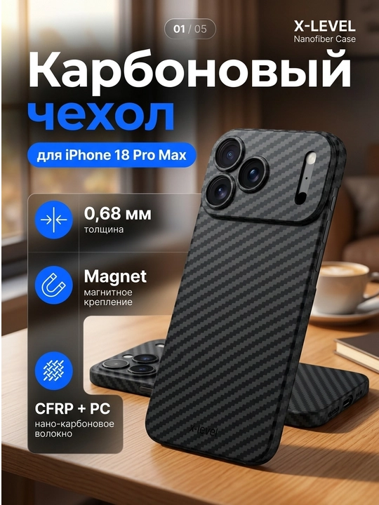 Чехол X-Level Nanofiber Case для iPhone 18 Pro Max, магнитный, карбоновый, 0,68 мм, чёрный - 