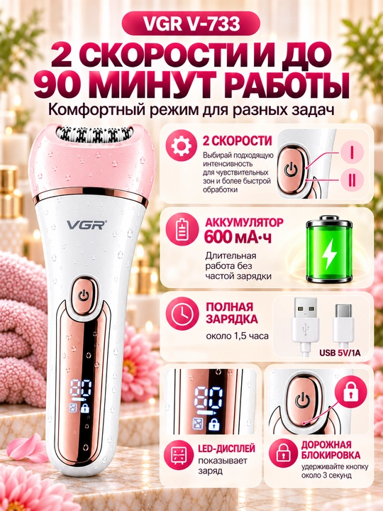 Женский эпилятор VGR V-733 6 в 1 для тела и лица, бритва, триммер и уход за стопами