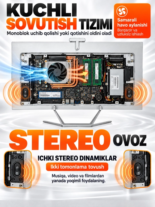 Monoblok 24 dyuym H610,Protsessor I3,I5,I7, 12/13/14 AVLOD DDR4 8GB/16GB, SSD128/256/512GB