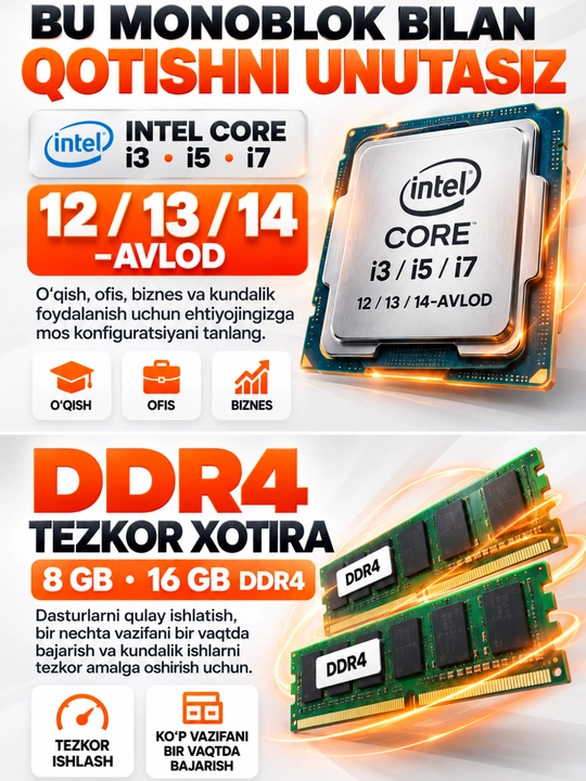 Monoblok 24 dyuym H610,Protsessor I3,I5,I7, 12/13/14 AVLOD DDR4 8GB/16GB, SSD128/256/512GB