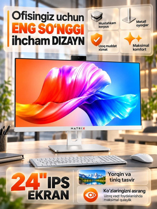 Monoblok 24 dyuym H610,Protsessor I3,I5,I7, 12/13/14 AVLOD DDR4 8GB/16GB, SSD128/256/512GB