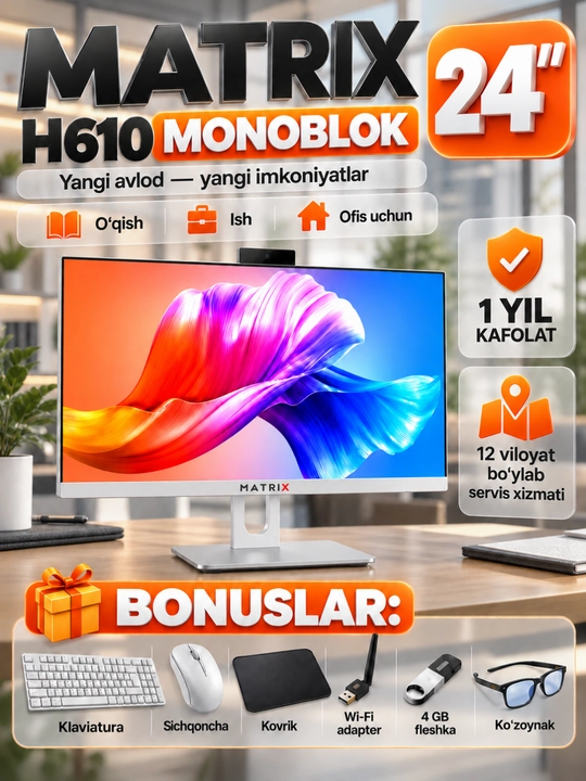 Monoblok 24 dyuym H610,Protsessor I3,I5,I7, 12/13/14 AVLOD DDR4 8GB/16GB, SSD128/256/512GB - 