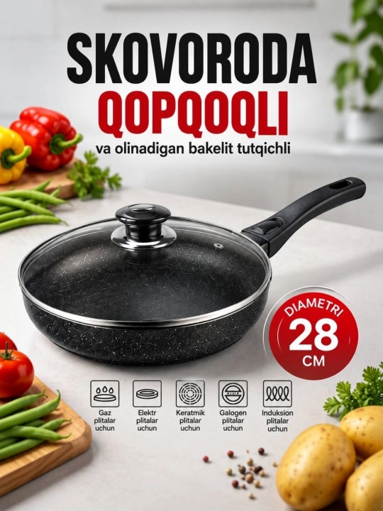 Tova skovorodka, yopishmaydigan qoplamali, qopqoqli, kundalik ovqat pishirish uchun - 