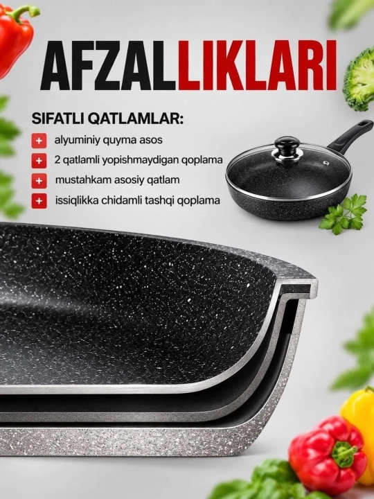 Tova skovorodka, yopishmaydigan qoplamali, qopqoqli, kundalik ovqat pishirish uchun