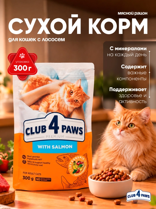 Club 4 Paws katta yoshli mushuklar uchun quruq yem, losos bilan, 300 g - 