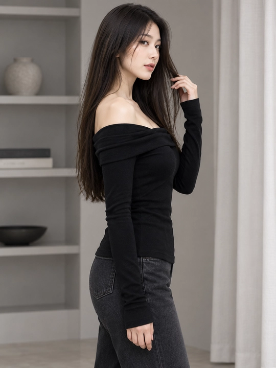 Ayollar uchun, drapirovkali, uzun yengli longsleeve