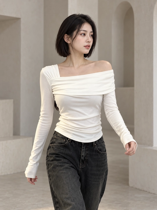 Ayollar uchun, drapirovkali, uzun yengli longsleeve