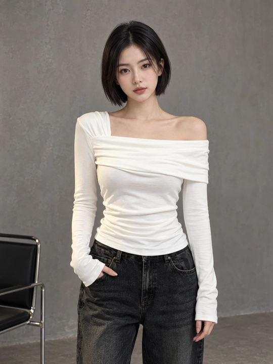Ayollar uchun, drapirovkali, uzun yengli longsleeve