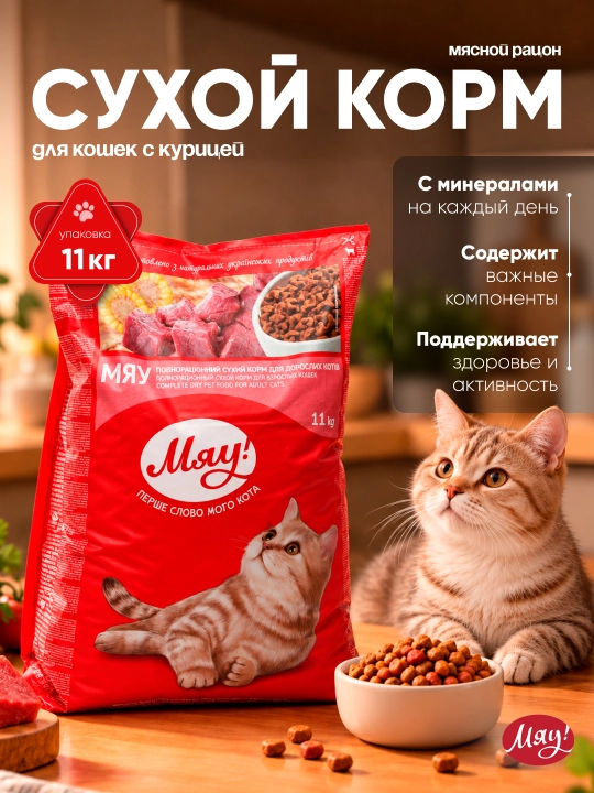 Myaу mushuklar uchun quruq yem, tovuq go‘shti bilan, 11 kg - 